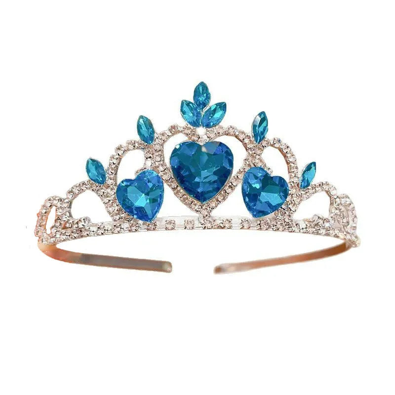 Children's electroplated alloy crown headband with pink crystals, shown on a model for scale.