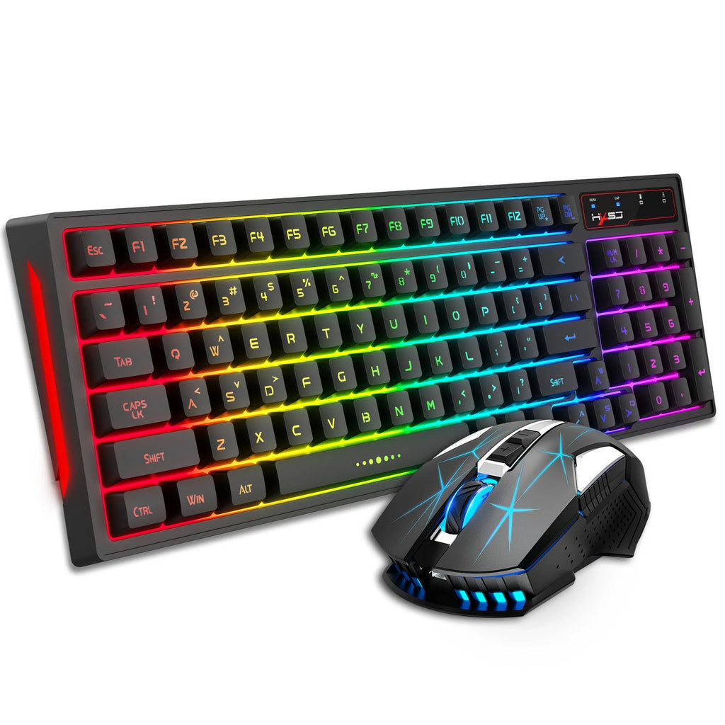 L99 2.4G wireless rechargeable keyboard and mouse set with RGB glow lighting and Type-C charging cable on desk