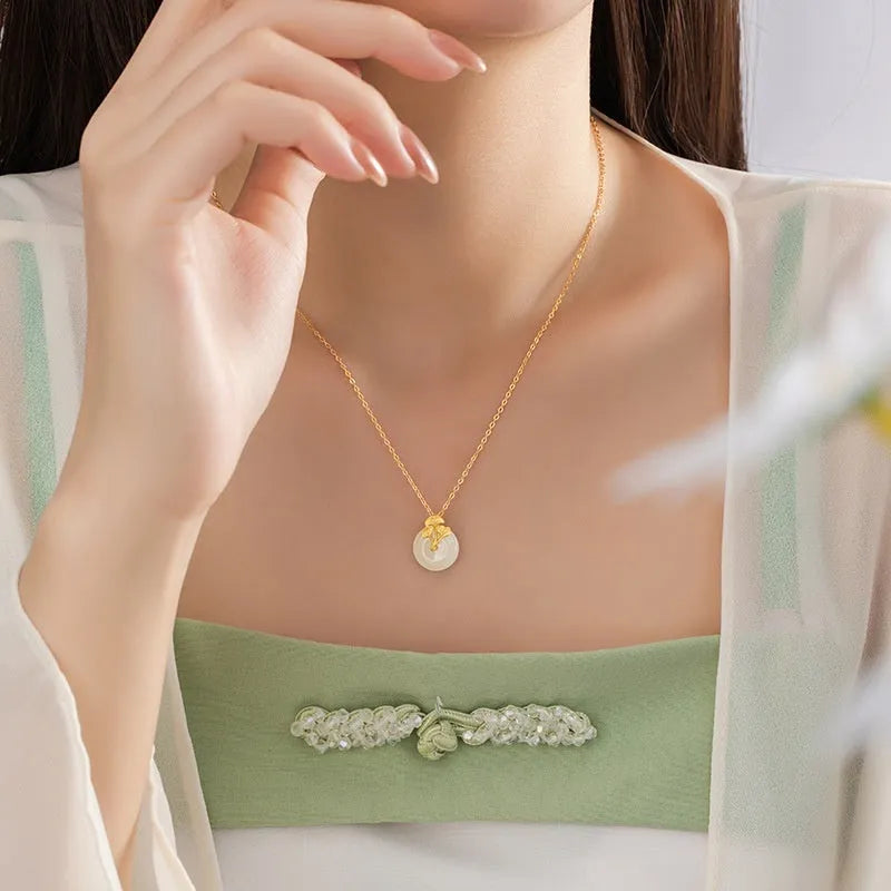 Gold 925 silver ginkgo leaf pendant necklace with peace buckle on adjustable 41-50cm cross chain
