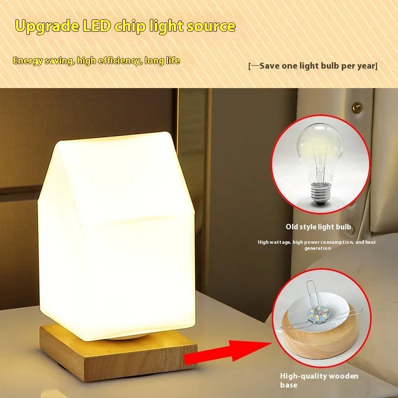 Nordic style solid wood USB table lamp in white geometric shape with touch dimming control