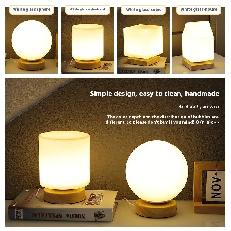 Nordic style solid wood USB table lamp in white geometric shape with touch dimming control