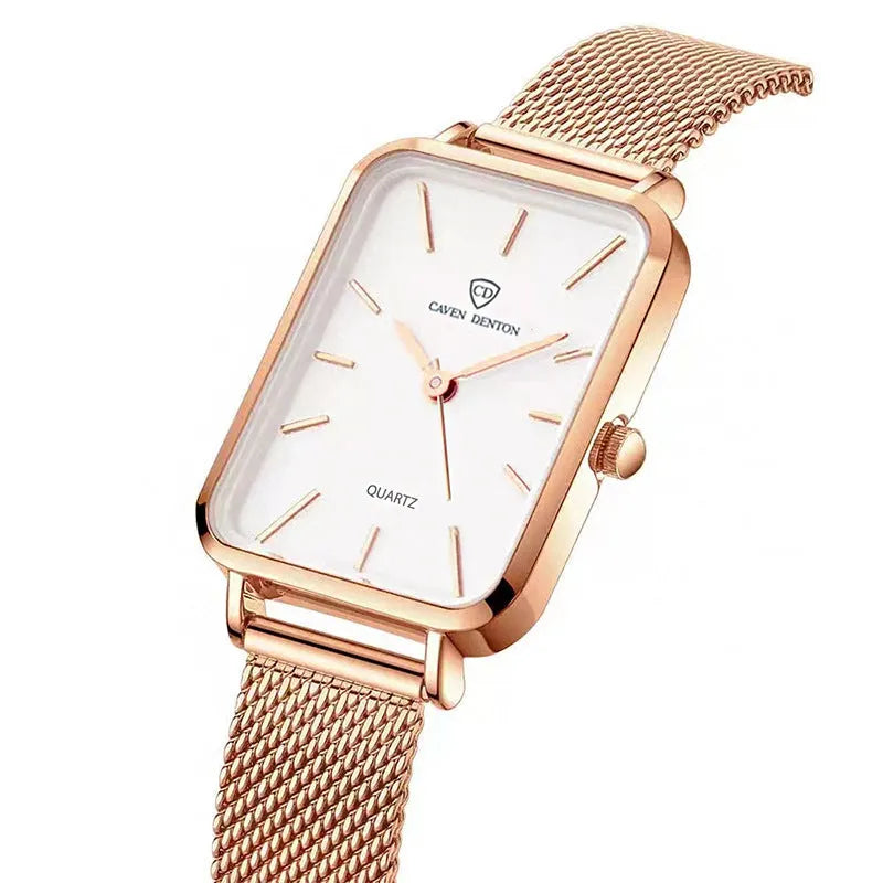 Women's rose gold or silver alloy waterproof quartz watch with woven steel strap.