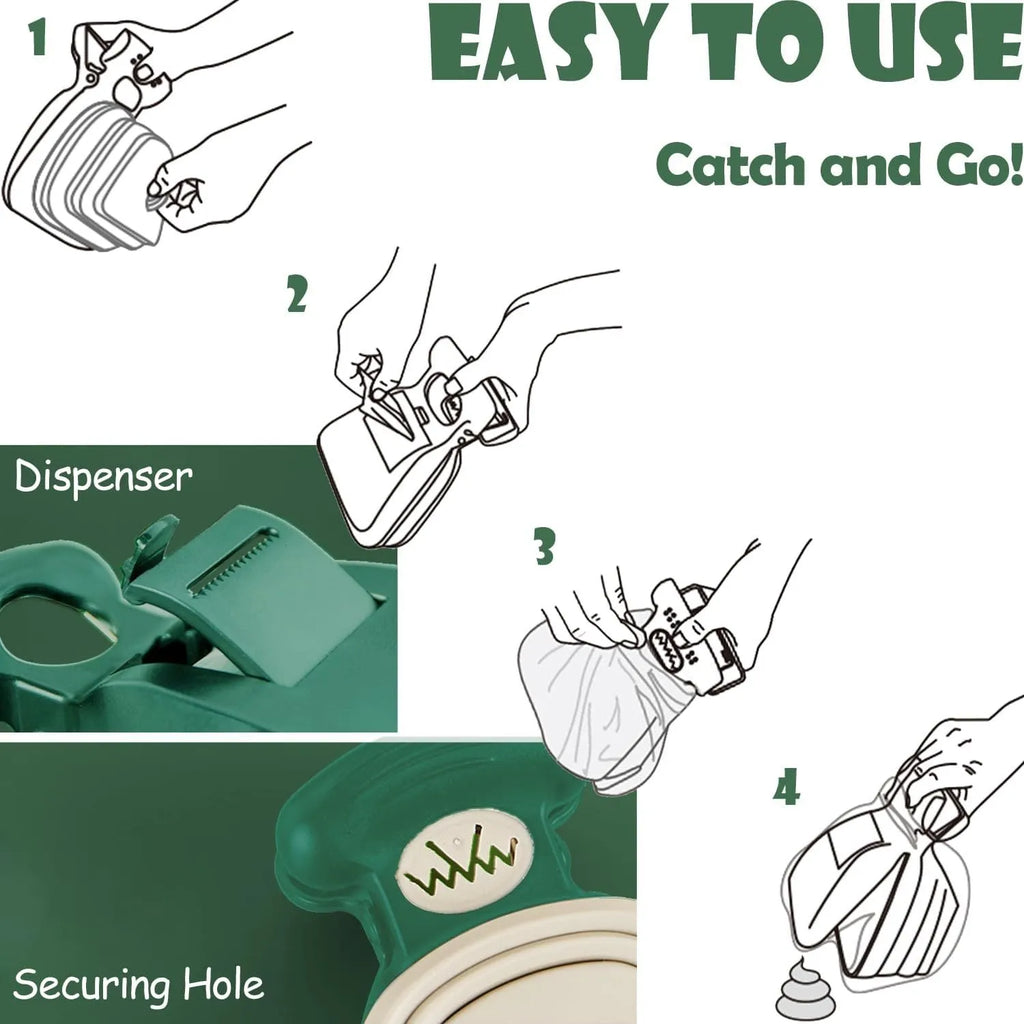 Portable handheld dog pooper scooper with carabiner clip and waste bag compartment, shown in blue, green, grey, or yellow.
