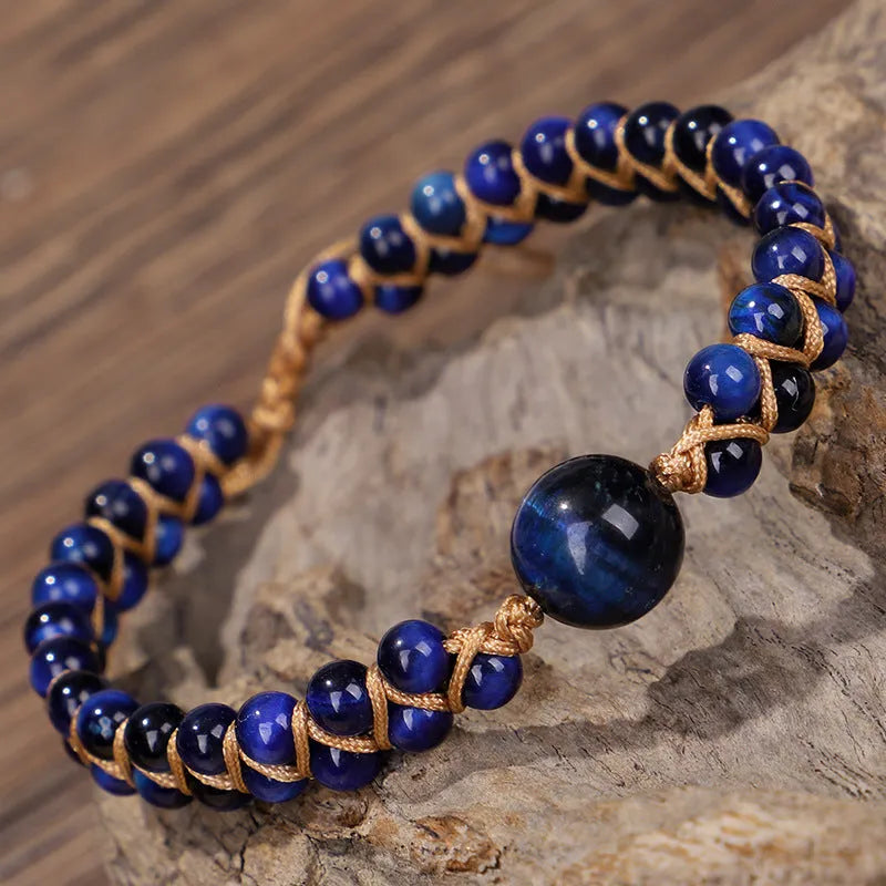 Handmade woven geometric pull bracelet with stone beads in blue tigereye or amethyst colours