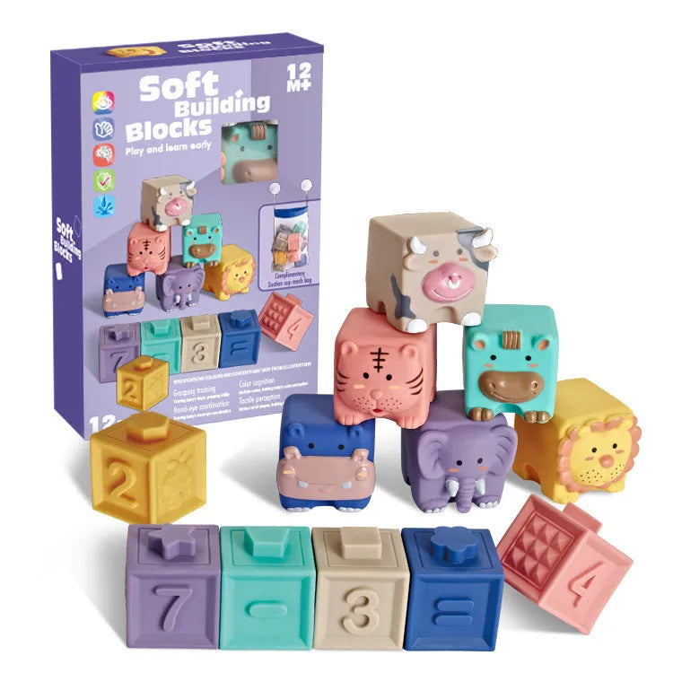 Animal relief soft building blocks in colour box for children cognitive play