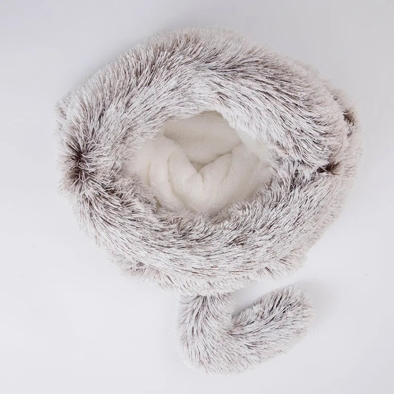 Plush round cat sleeping bag in grey+white offering a warm semi-enclosed pet nest with soft cloth finish