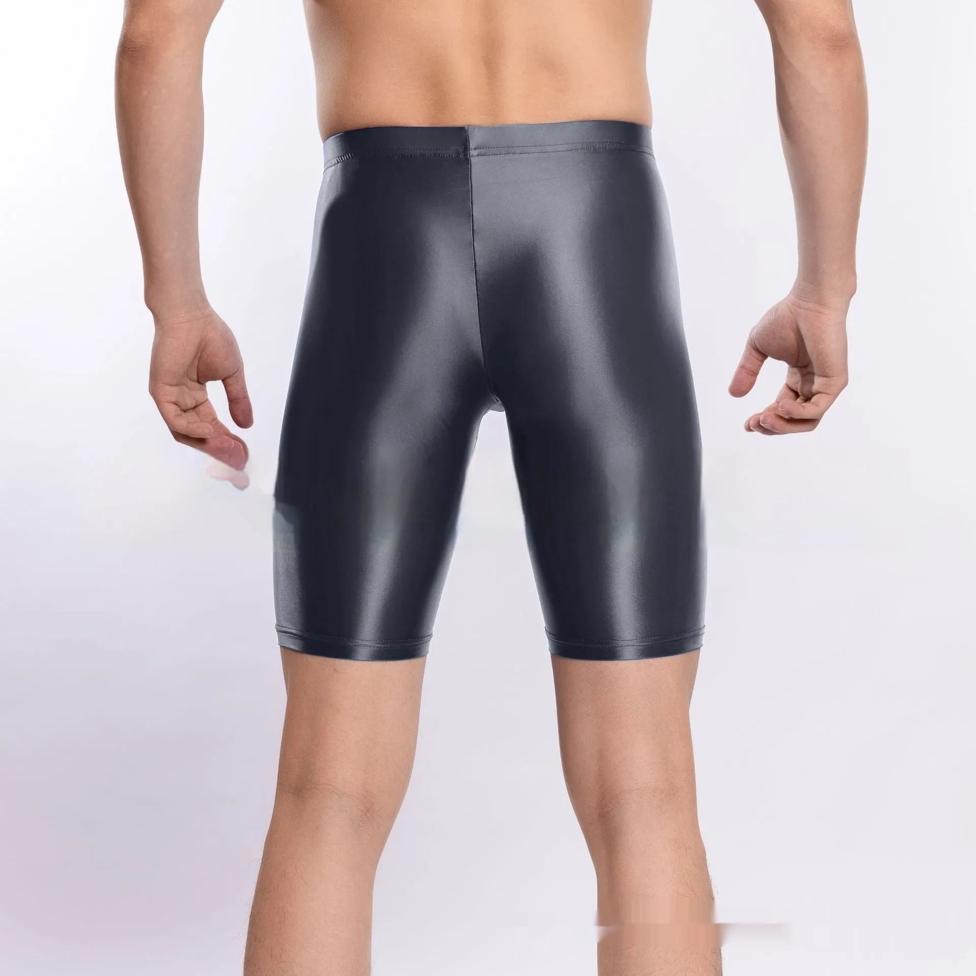 Man's plus size shiny nylon sports shorts in multiple colour options on a size chart.