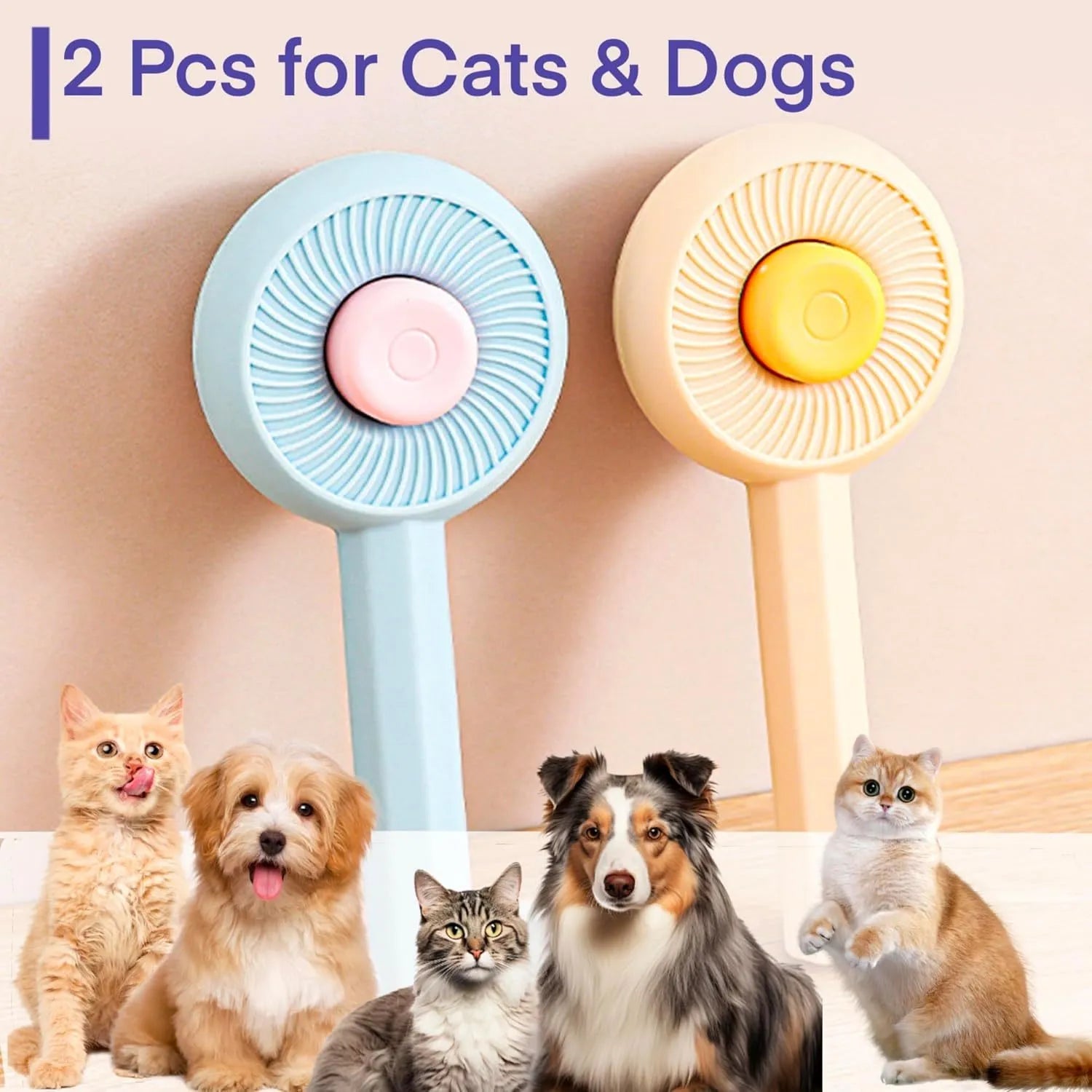 Blue pet grooming brush with self-cleaning button and angled metal needles