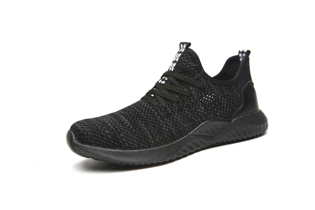 Black safety work shoes with steel toe caps and EVA shock-absorbing soles