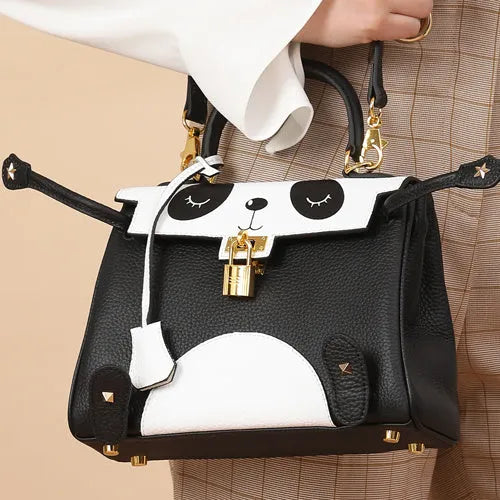 Square panda print cow leather handbag in sweet lady style, shown in two size options.