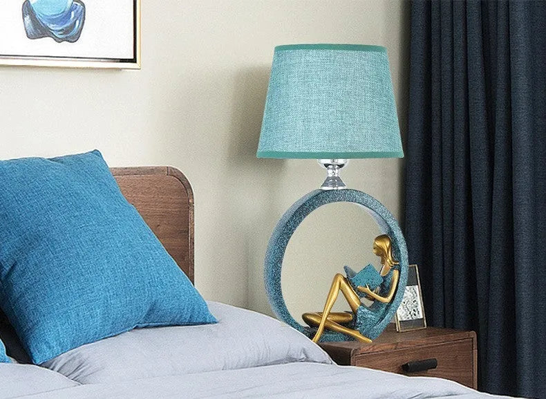 Blue cloth lampshade reading table lamp on desk with resin base, 20x39.8cm, E27 socket