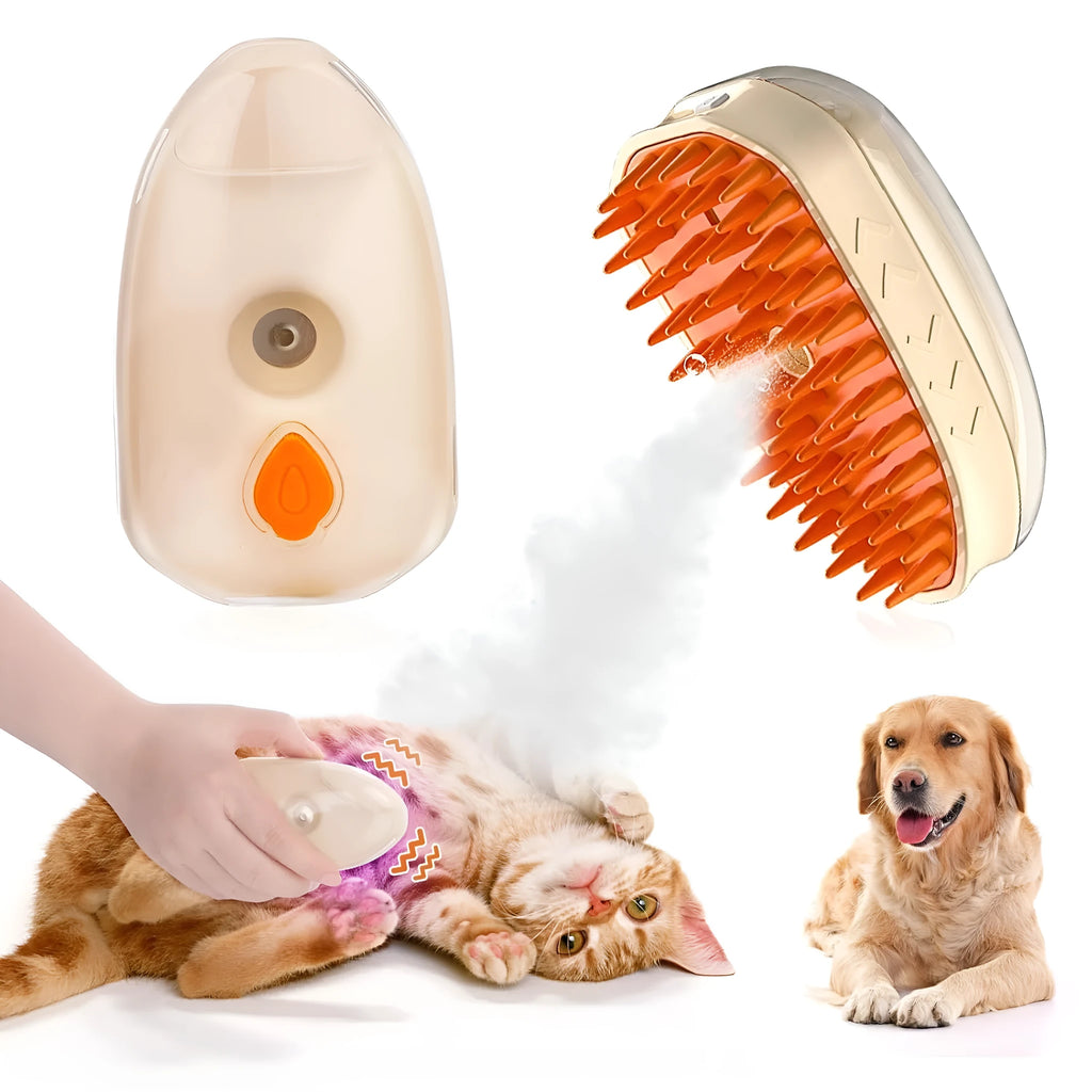 Yellow 4-in-1 cat steam brush with silicone teeth, water tank, and UV lamp for pet grooming.