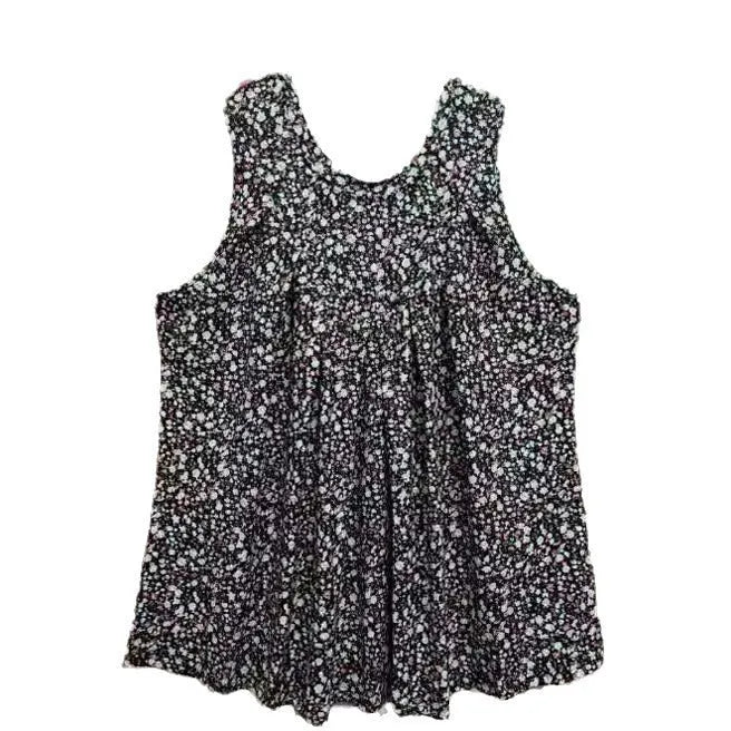 Black plus-size floral print sleeveless vest on a hanger, showing round neck and loose fit.