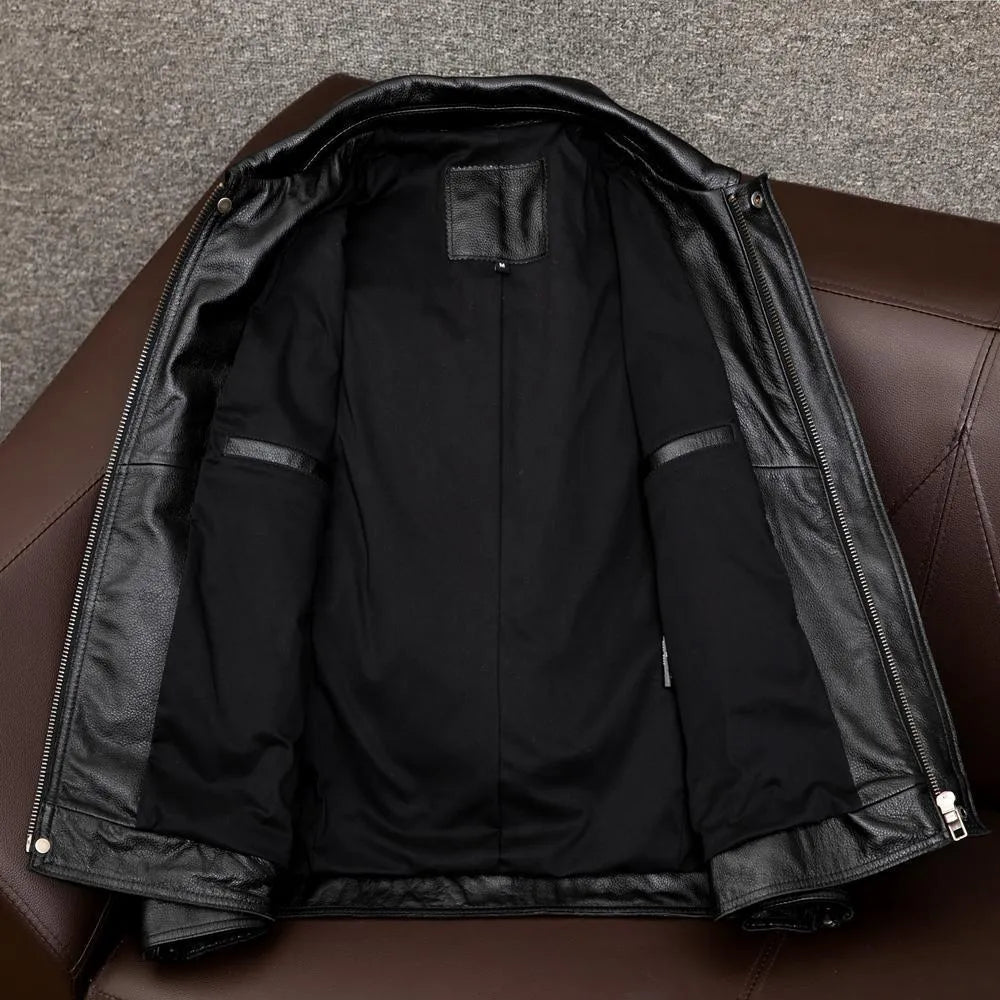 Men's plus size black retro lapel leather jacket with side pockets on a mannequin.