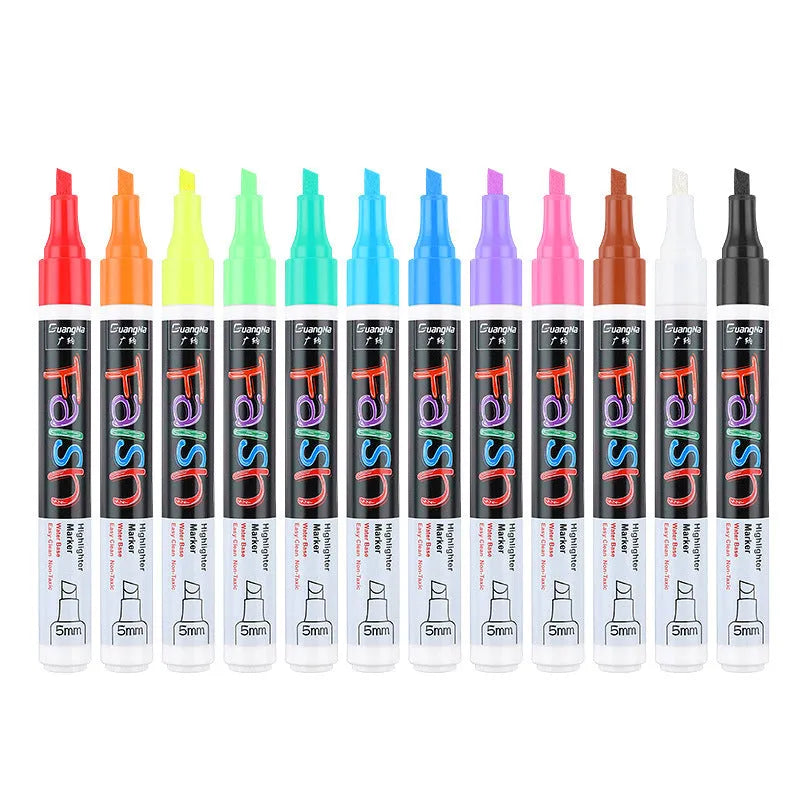 Set of 8 refillable fluorescent board highlighters with oblique 6mm tips, shown on card packaging.