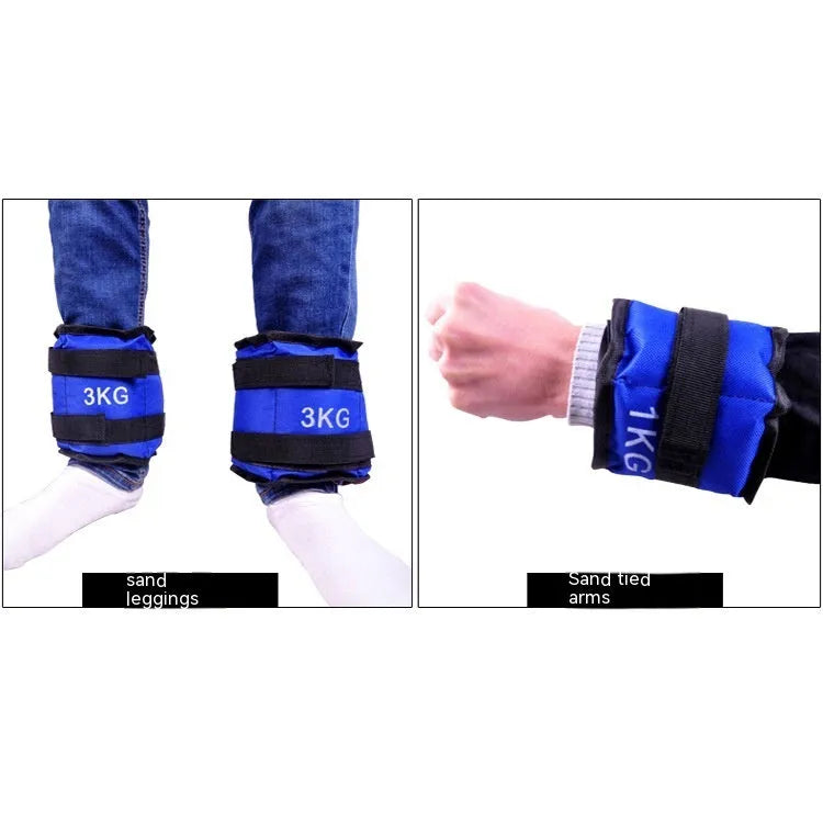 A pair of Oxford cloth legging sandbags for running and athletic training, showing weight options.