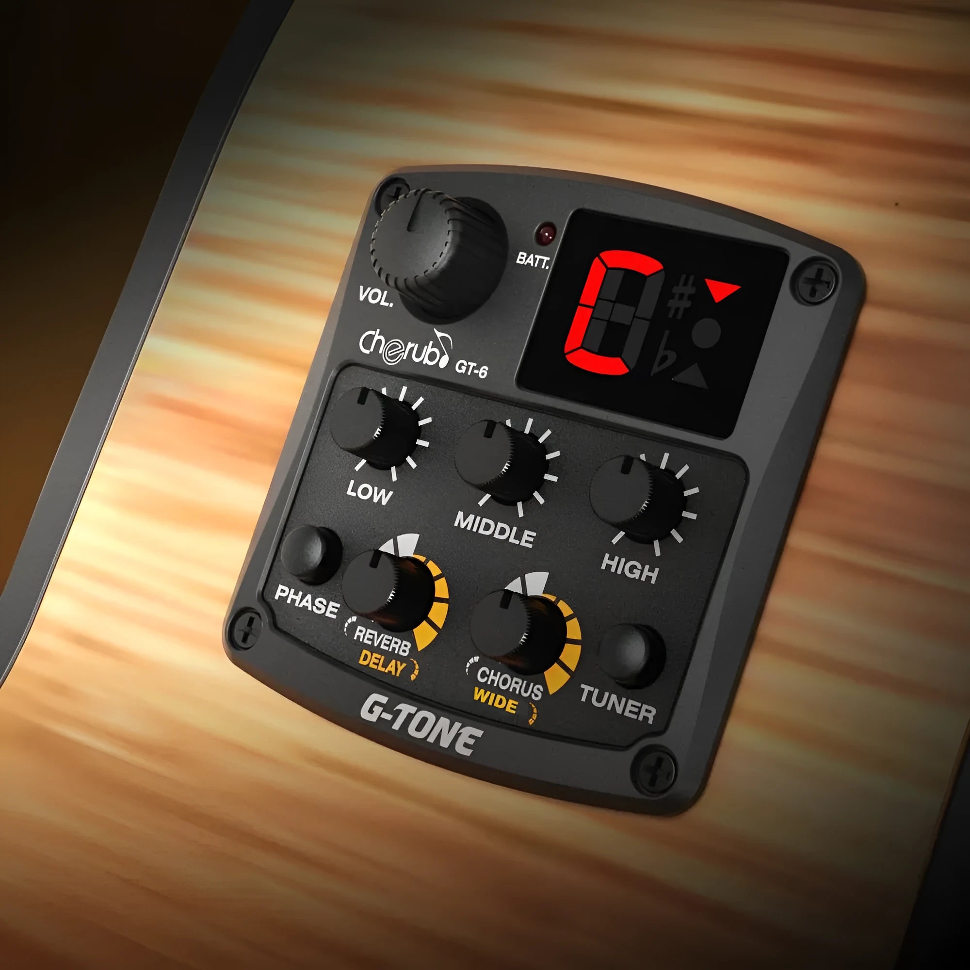 Cherub GT-6 black acoustic guitar pickup and preamp control module with knobs for EQ and effects