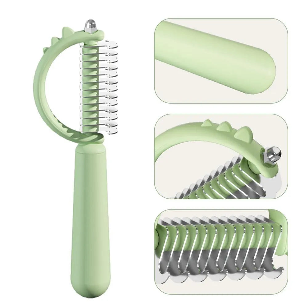 Blue dinosaur-shaped self-cleaning cat brush with double-sided slicker head.