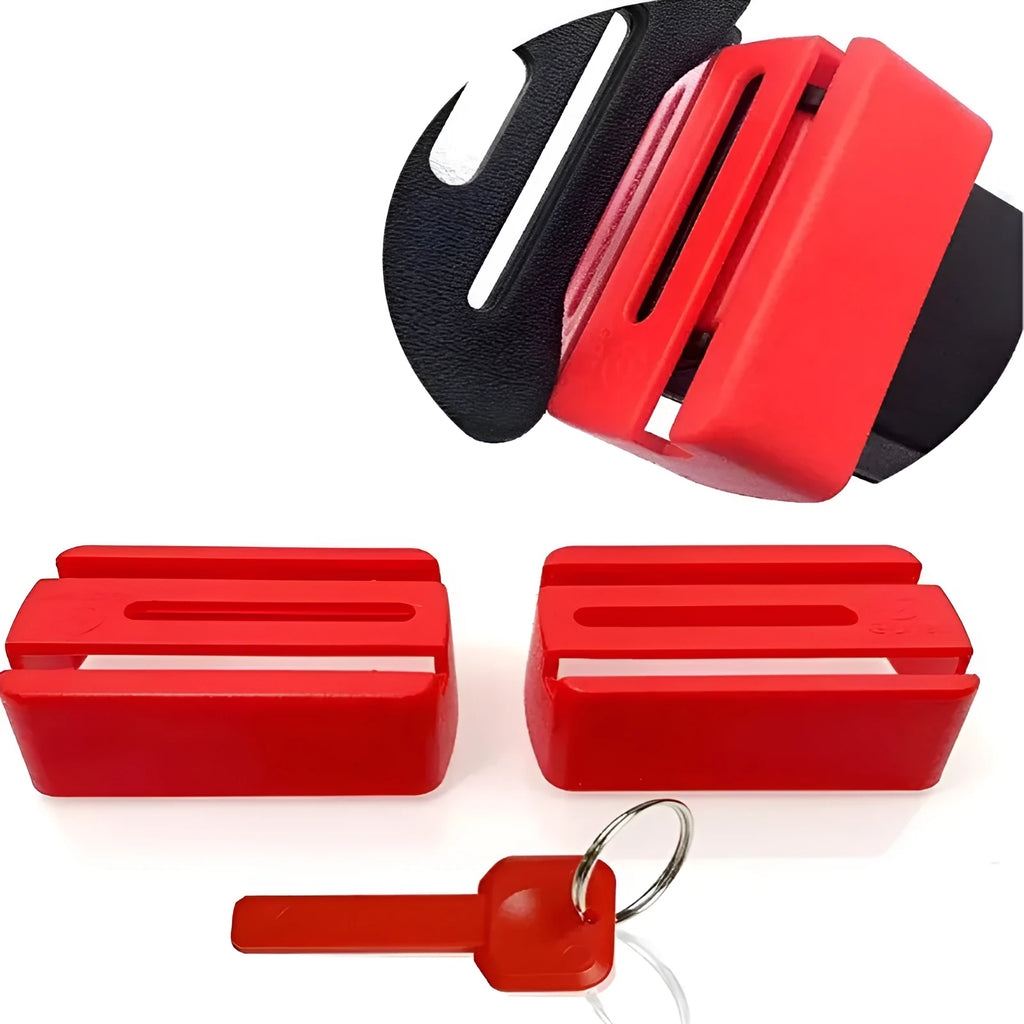 Black ABS plastic seat belt buckle protective cover shown next to vehicle seat belt