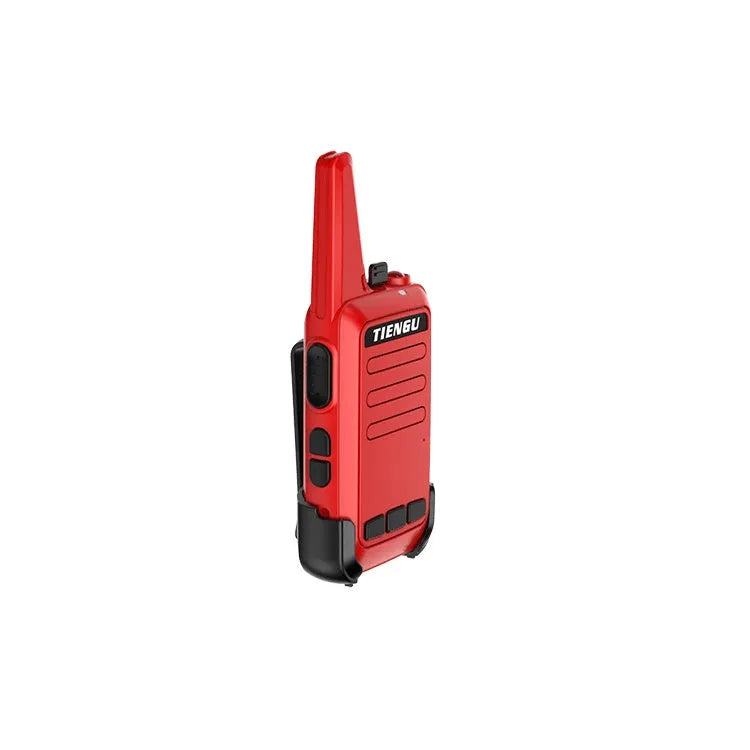 TIENGU Wireless Handheld Radio Intercom in black, showing LED flashlight and back clip on solid background