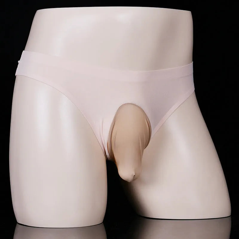 Ice silk men's underwear briefs in open gun egg and T-back styles showing solid colour options