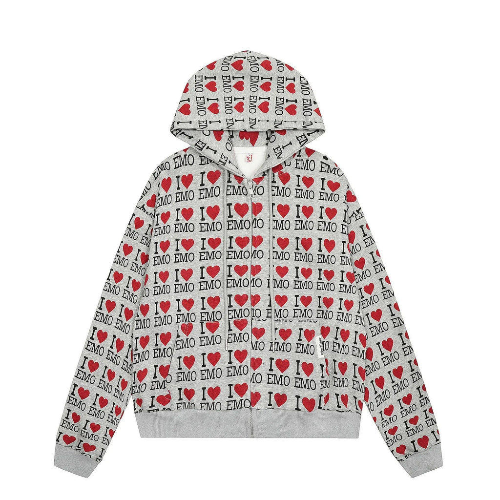 Women's melange grey cotton hooded cardigan with retro pattern, long sleeves, and regular fit
