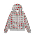 Women's melange grey cotton hooded cardigan with retro pattern, long sleeves, and regular fit