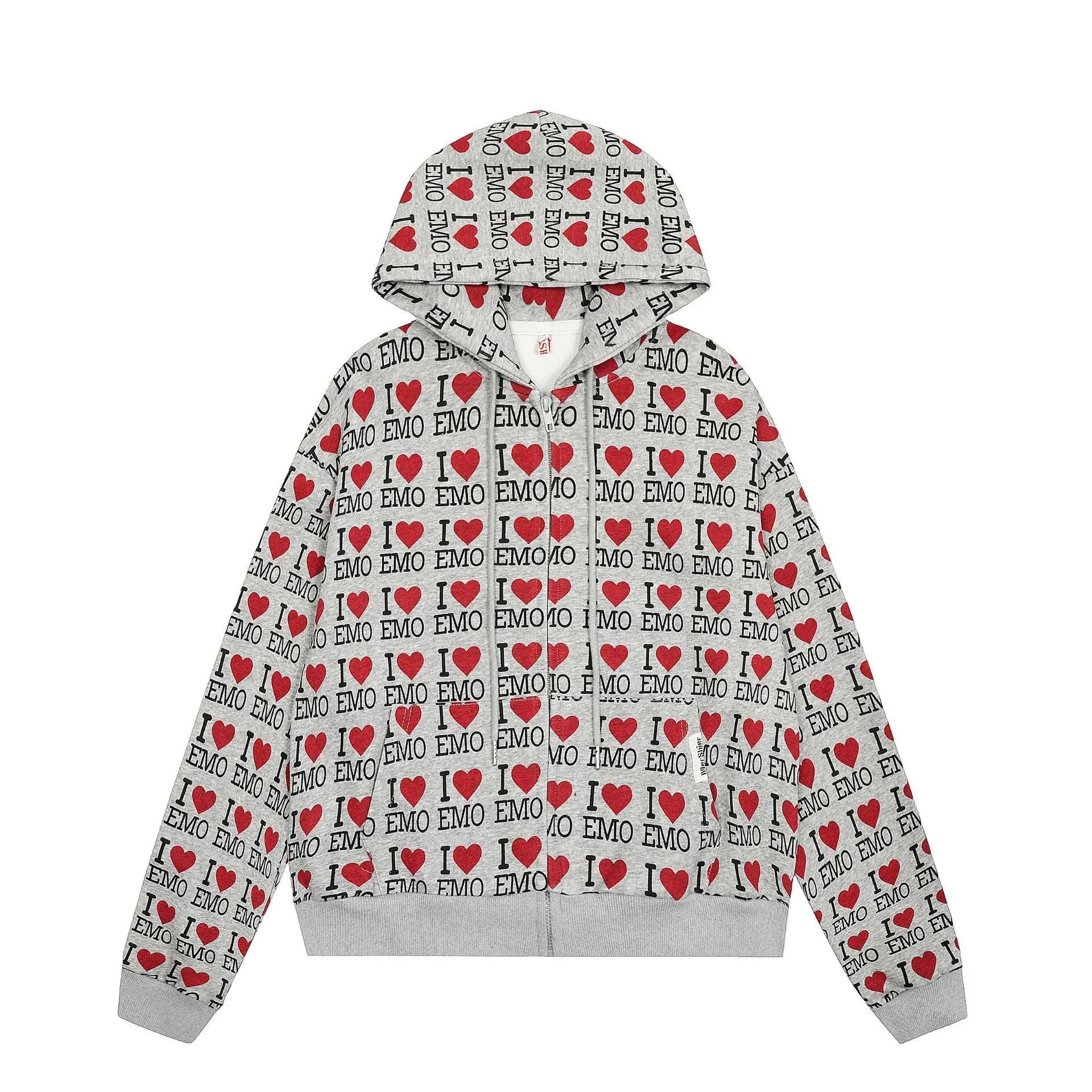 Women's melange grey cotton hooded cardigan with retro pattern, long sleeves, and regular fit