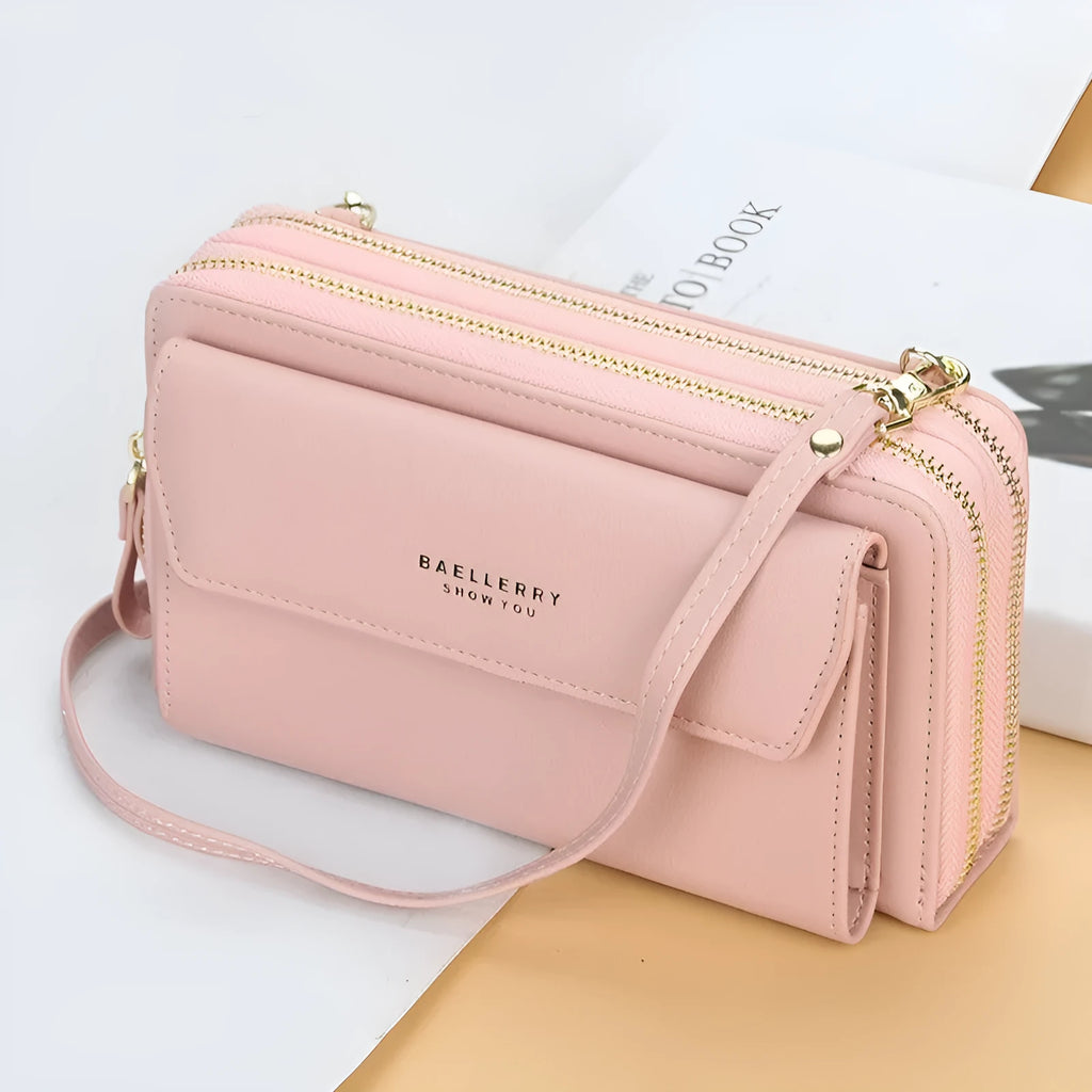 Soft PU leather ladies long wallet with double zipper in horizontal square messenger bag design