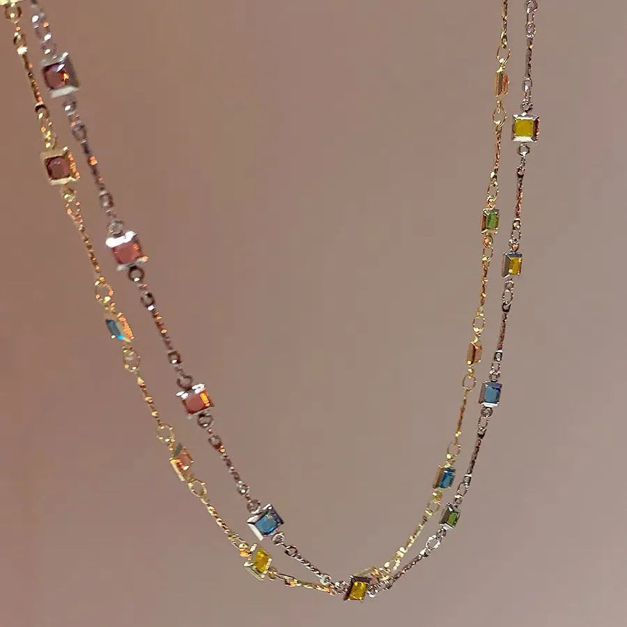 Square colour clavicle chain necklace with geometric artificial crystal design in gold and white K finish options
