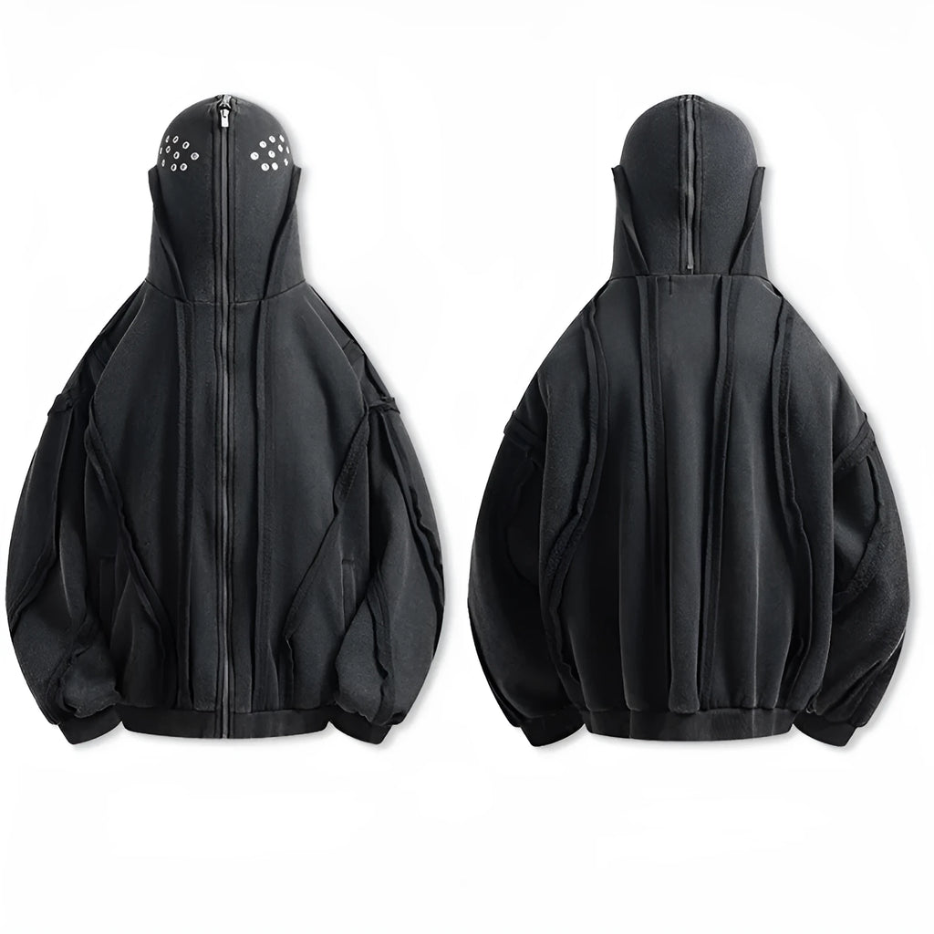 Black retro loose padded hooded coat with an abstract pattern and zip front.