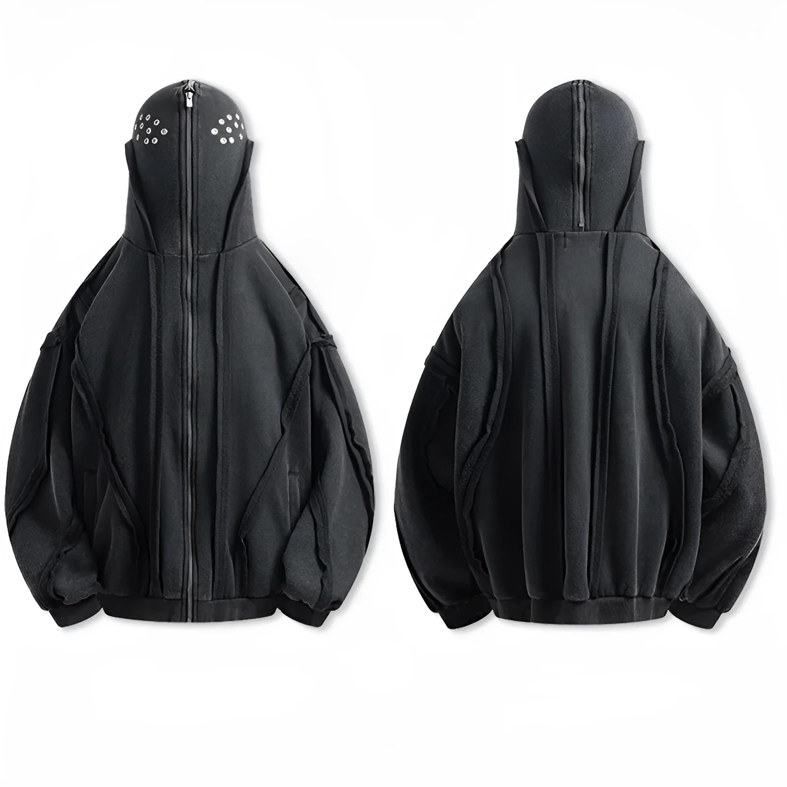 Black retro loose padded hooded coat with an abstract pattern and zip front.