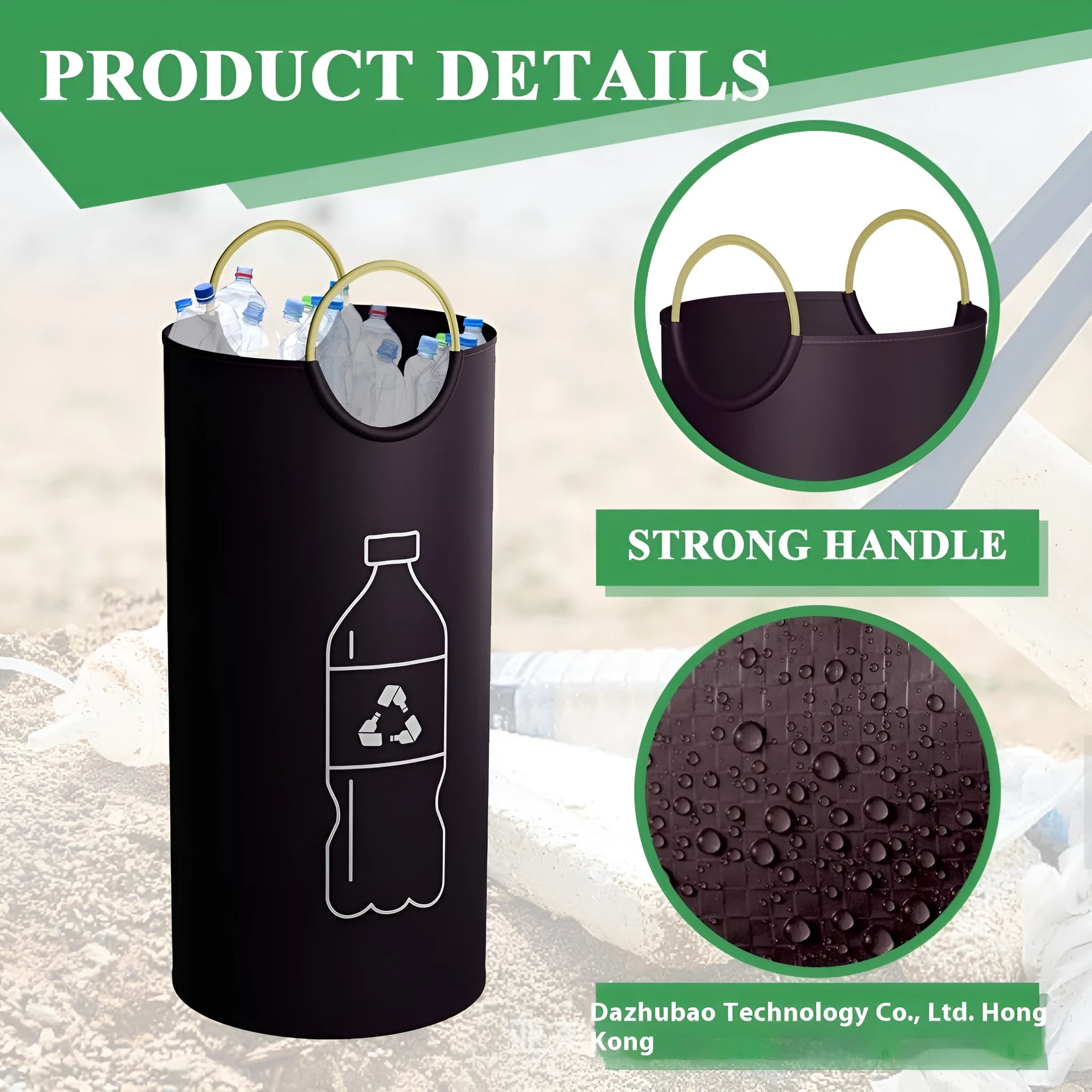 Round portable trash can measuring 38x72cm with plastic garbage bag included