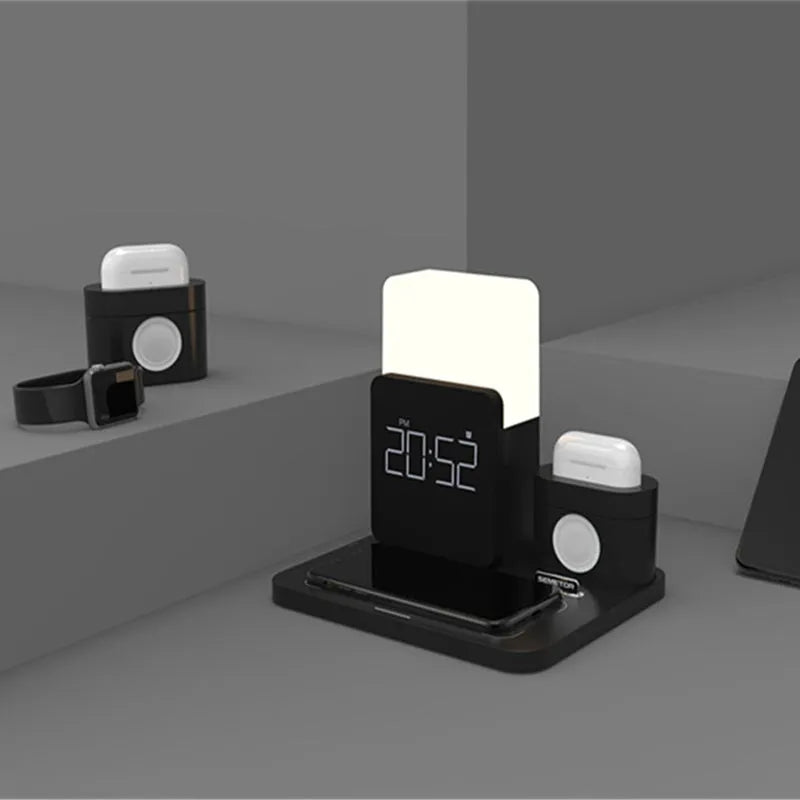3-in-1 multi-function Qi wireless charging stand in dark green, light green, or black colour options.