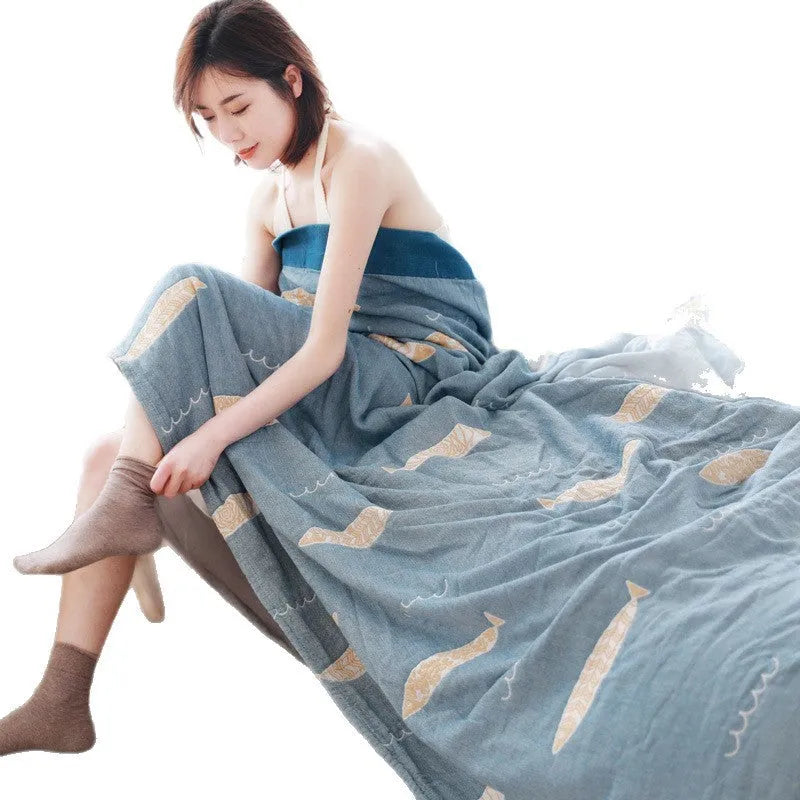 Five-layer cotton gauze bed blanket with Roulette Wheel Blue pattern showing modern simplicity design
