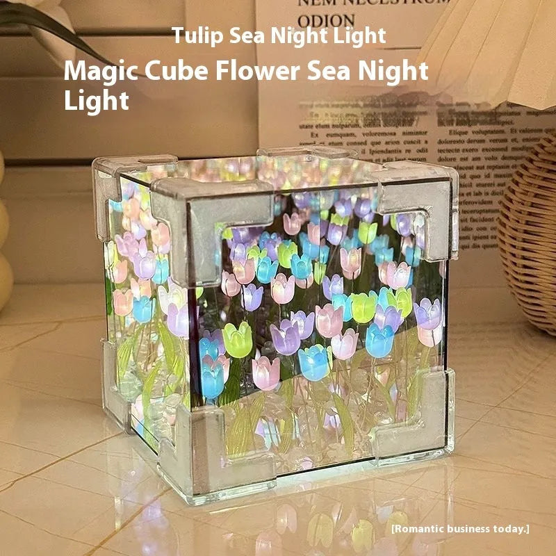 Handmade DIY tulip flower small night light kit with mirror finish and built-in battery, romantic gift decoration