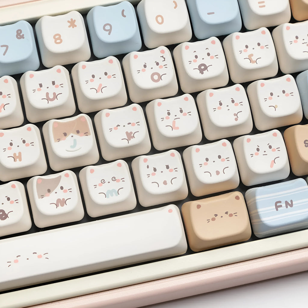 Sea Salt Cat theme PBT keycaps for mechanical keyboards showing sublimation printed artwork