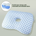 Single-hole ear pillow in plaid grey with detachable cover, shown with dimensions 39cm by 28cm.