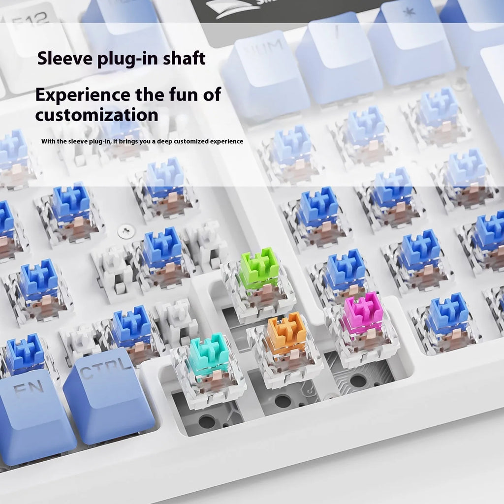 SK15 wired mechanical gaming keyboard with control knob in Autumn Water Blue colour on desk beside laptop