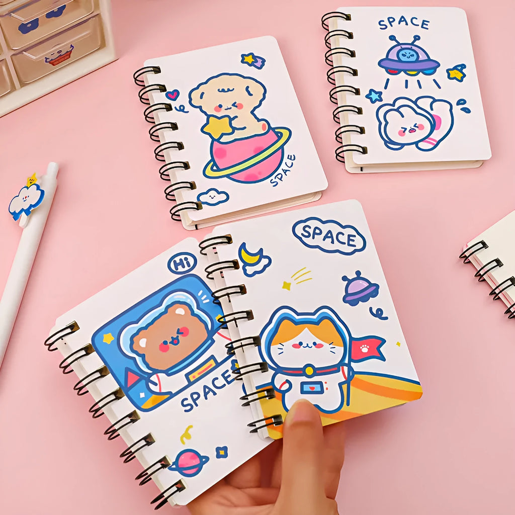 Astronaut series pocket flipper notebook in 10.5cm by 8cm size showing one of four cover design options.