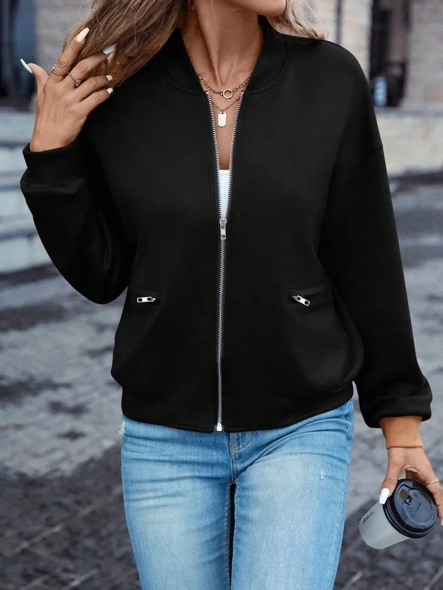Black women's casual zip-front jacket with long sleeves for autumn and winter.