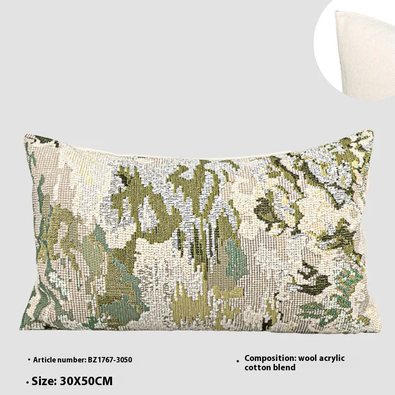 Antique green feather velvet pillowcase with abstract floral embroidery, shown in 50x50cm square size.