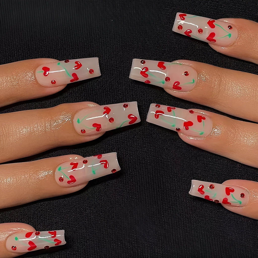 French Love red diamond small cherry gel nail stickers in JP1601 colour, 24-piece pack with adhesive