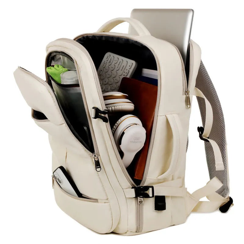Waterproof oxford cloth backpack showing multiple pockets and zippers with 15.6 inch laptop compartment
