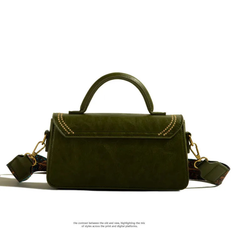 Brown retro messenger bag showing square vertical design with crossbody strap and outer sandwich pocket