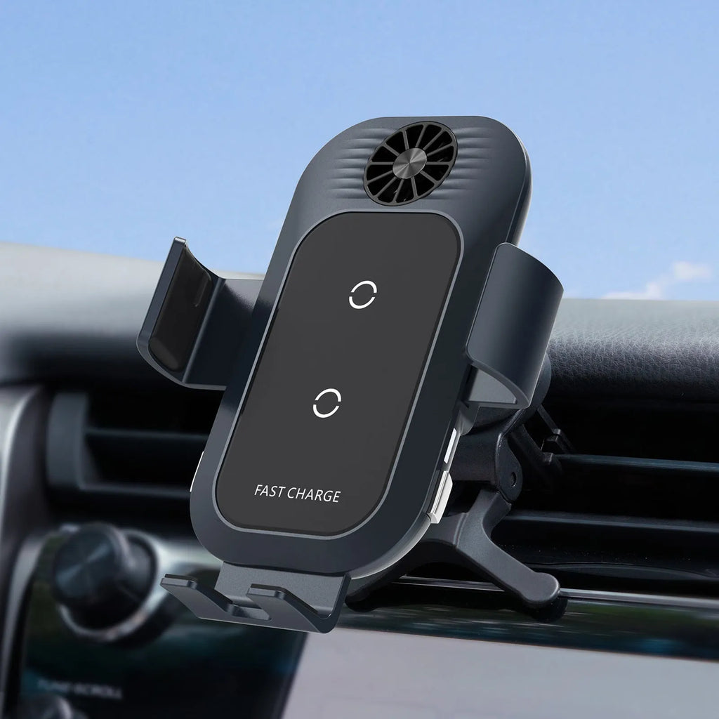 C35 colour car wireless charger phone holder with suction cup air vent mount showing charging surface and adjustable bracket