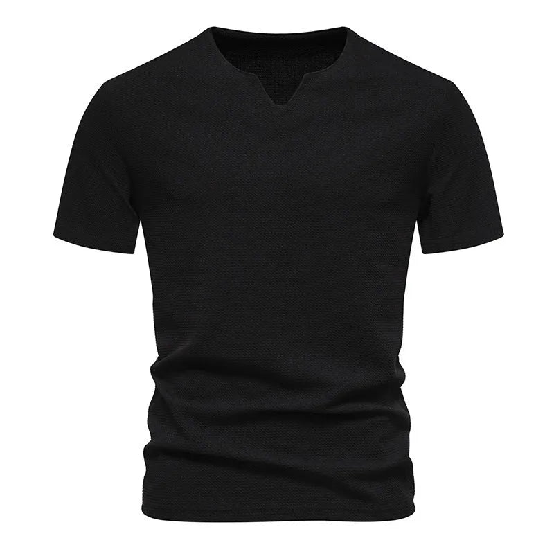 Men's bubble cloth V-neck short sleeve T-shirt in solid colour, loose fit, cotton blend