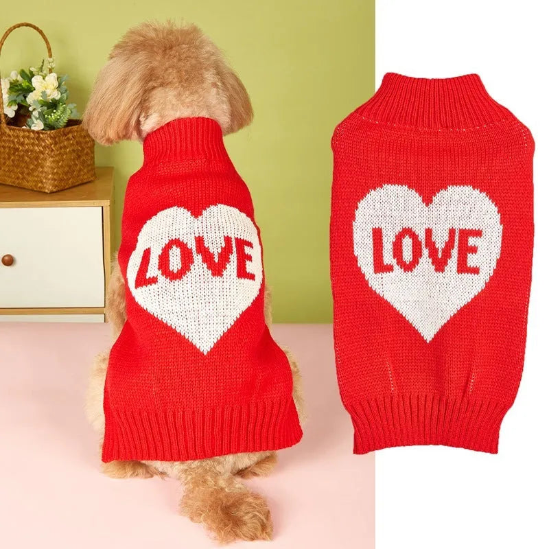 Red love heart design dog sweater with bow detail on acrylic pet clothing