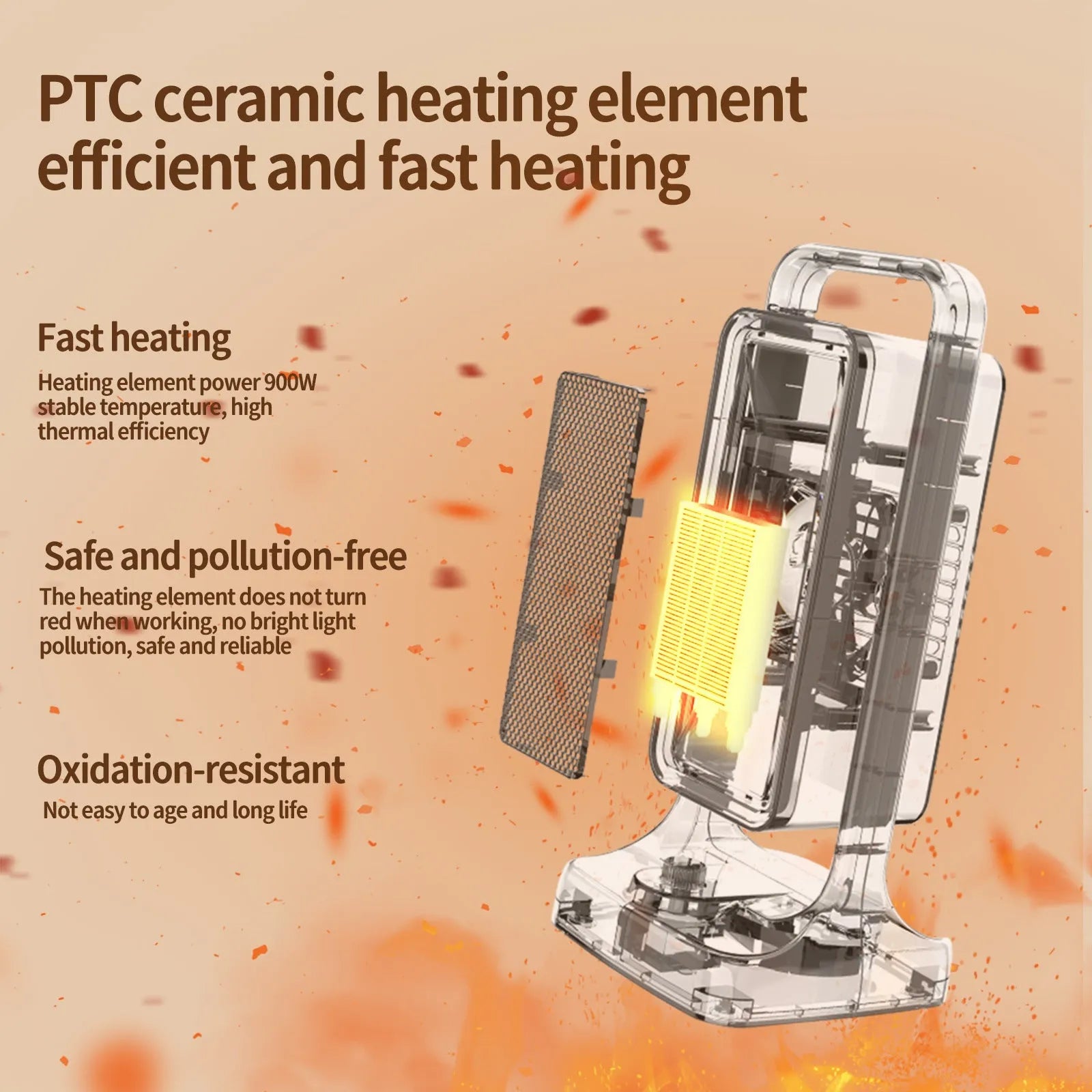 Black desktop PTC ceramic air heater with control knob, measuring 14.9cm wide by 33.5cm tall.