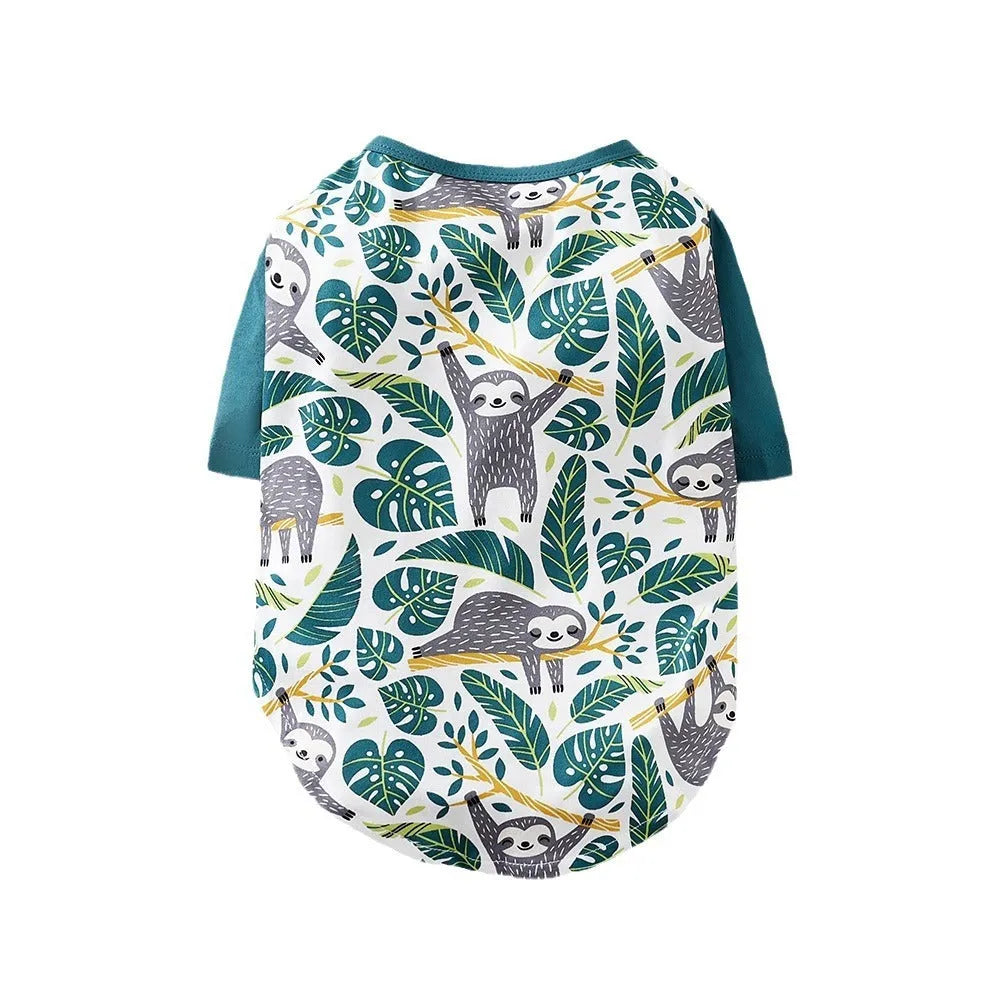 Printed polyester dog t-shirt for small dogs showing colourful design with size options S to XXL